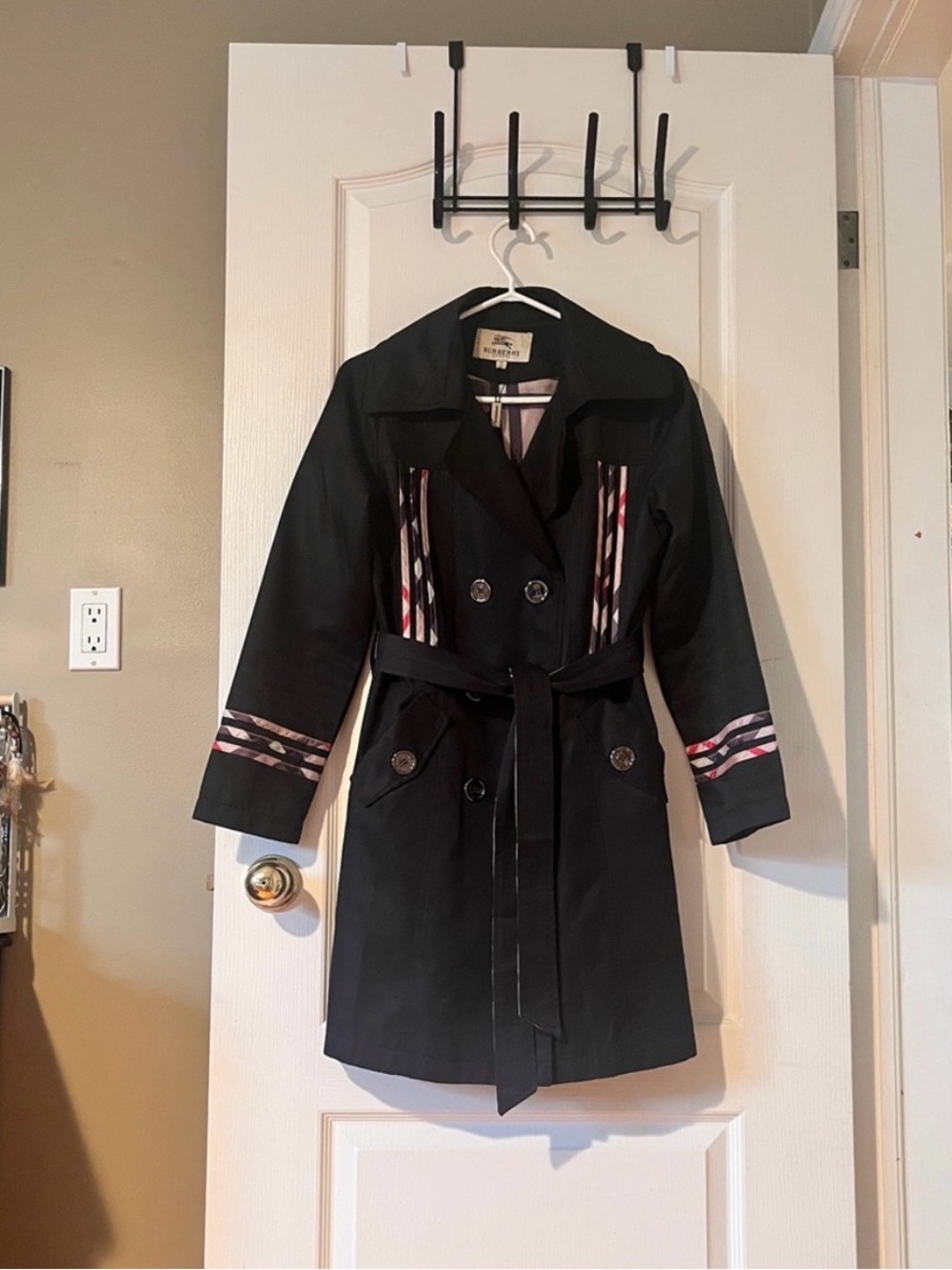 Vintage Y2K Burberry Black Trench Coat with Pink and Cream Stripe Accents